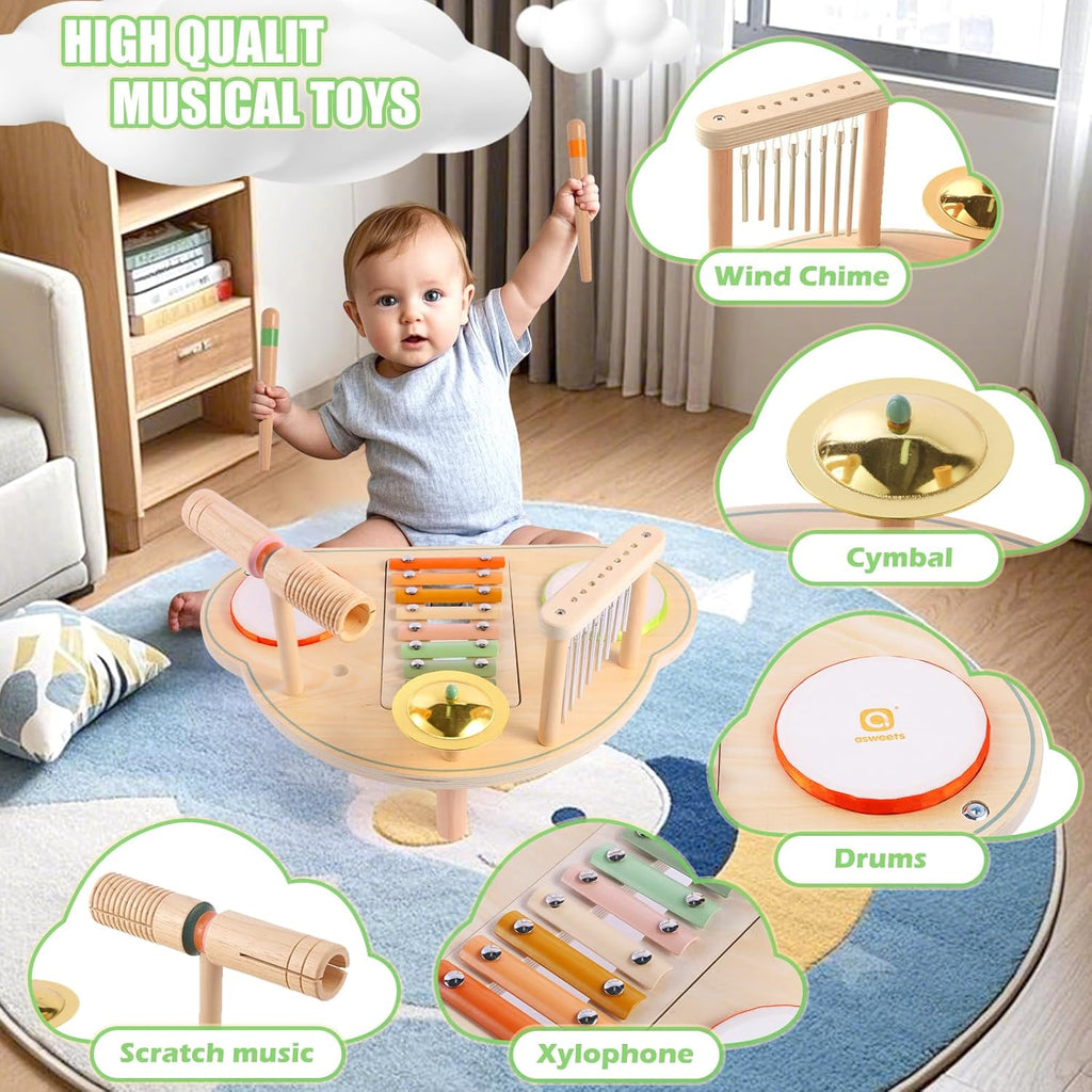 Asweets 7 in 1 Kids Drum Set for Toddlers Wooden Xylophone Musical Instruments Kit Play Set for Toddler Baby Drum Set Montessori Toys Sensory Toys Birthday Gifts for Girls Boys (Cloud)