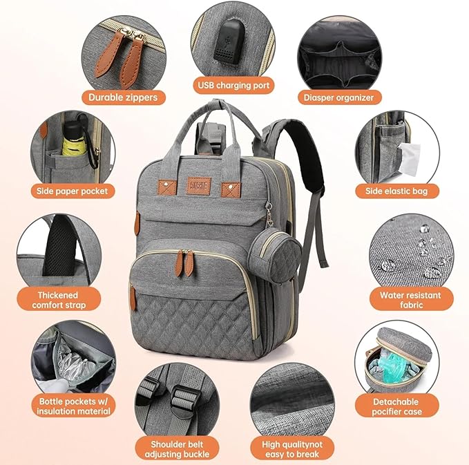 Diaper Bag Backpack – Large Waterproof Baby Bag with USB Charging Port, Changing Pad & Stroller Straps – Stylish, Durable & Hands-Free Travel Organizer for Moms & Dads (Grey)