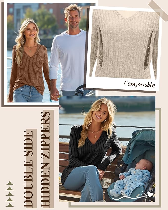 3 Pack Women's Maternity Nursing Tops, V Neck Breastfeeding Sweaters Long Sleeve Hidden Zipper Shirts
