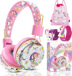 QearFun Unicorn Bluetooth Headphones for Girls - with Microphone & 3.5mm Jack, Adjustable Headband for Kids Teens Toddlers, School iPad Tablet PC Smartphones Compatible (Pink)