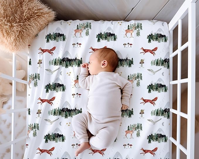 Crib Sheets Neutral - Fitted Baby Crib Sheets Bed for Girl Boy - 2 Pack Standard & Toddler Mattress (Woodland Forest Animals) - Buttery Soft Organic Cotton Blend
