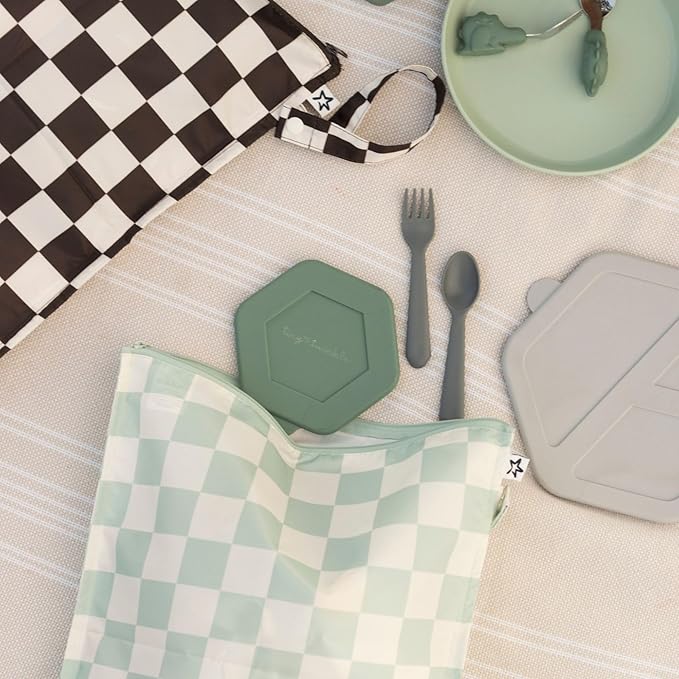 Tiny Twinkle Mess-Proof Waterproof Wet Dry Bag | 2-Pack Reusable Wet Bags for Swimsuits & Baby Clothes | Leakproof Wet Bag for Travel & Diaper Changes for Baby (Black, Green Checkers)