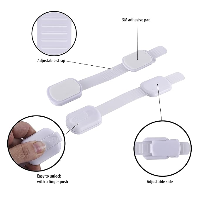 Child Safety Cabinet Locks (4 Pack) – Adjustable Baby Proofing Strap Latches with Strong 3M Adhesive – No Drill Childproof Locks for Drawers, Cabinets, Fridge, Door, Closet, White