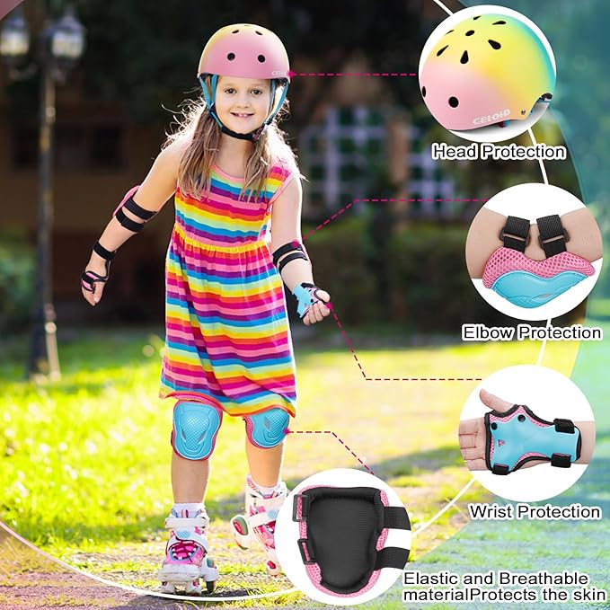 Kids Bike Skateboard Helmet Pad Set,Toddler Cyling Protective Gear Knee & Elbow Pads Wrist Guards for 5-8-10-12-14-16 Years Girls Boys Bicycle Scooter Roller Skate Inline Skating Rollerblading
