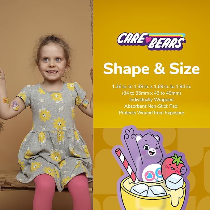 BioSwiss Care Bears Bandages, Sweet and Sour Care Bear Shaped Self Adhesive Bandage, Latex Free Sterile Wound Care, Fun First Aid Kit Supplies for Kids, 24 Count