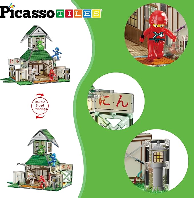 PicassoTiles Magnet Tile Building Blocks Ninja Dojo House Theme STEM Playset with 4 Character Action Figure Ninjas Weapon Accessories Magnetic Tiles Educational Toy Pretend Play Toddlers Ages 3+ PTQ07
