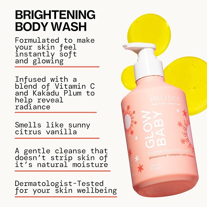 Pacifica Glow Baby Brightening Body Wash – Vitamin C & AHA Exfoliating Body Wash for Glowing Skin, Moisturizing Daily Shower Gel for Dull Dry Skin, Niacinamide & Kakadu Plum, Vegan, 10 oz