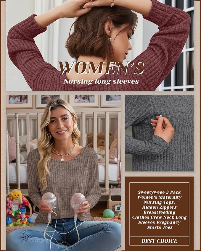 3 Pack Women's Nursing Long Sleeve Tops Breastfeeding Thermal Sweaters with Hidden Zipper Maternity Ribbed Shirts
