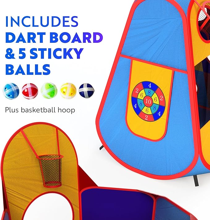 Playz 5pc Kids' Play Tents & Tunnels - Ball Pit for Toddlers, Basketball Hoop, Crawling Tubes, Pop-Up Playhouses, Baby Obstacle Course for Indoor or Outdoor Use