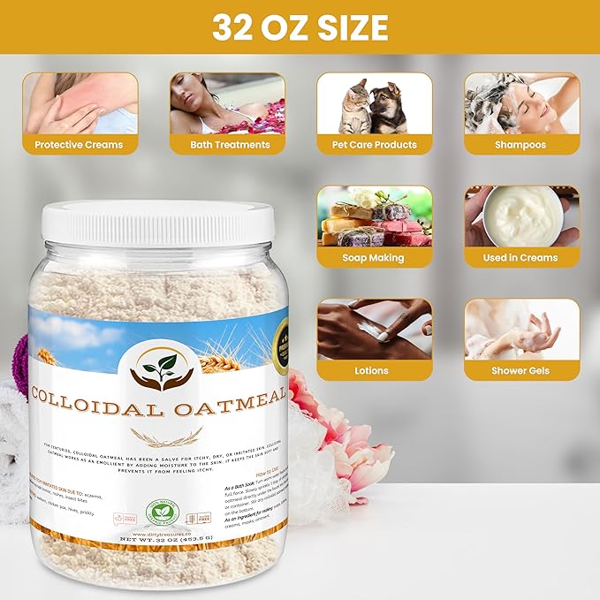 Dirty Treasures Colloidal Oatmeal Bath | Eczema & Itchy Skin Relief | Baby-Safe, 100% Natural, Fragrance-Free | 2 lb (32oz)