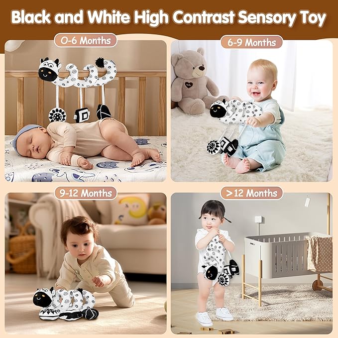 Car Seat Toys for Babies 0-6 Months,Hanging Rattle Toys for Crib Mobile, Baby Spiral Hanging Stroller Black and White High Contrast Toys for Newborn 0 3 6 9 12 Months Baby Boys Girls (Cow)