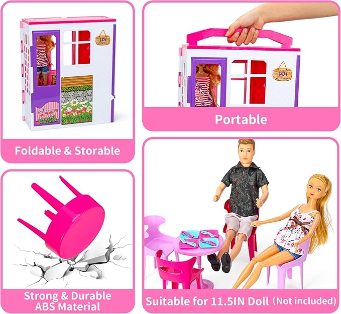 Doll House Portable & Foldable Dollhouse w/ 60+ Pcs & 2 Dolls, Play House Toy with Bedroom Bathroom Kitchen Furniture Playset, Playhouse Birthday Gift for Girl Kid Toddler