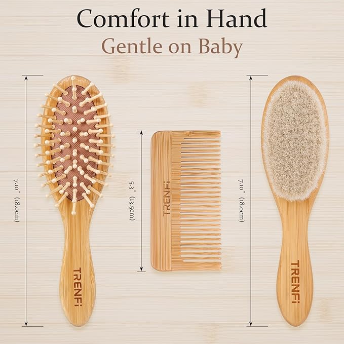 Bamboo Baby Brush and Comb Set (3-Piece) | Ultra-Soft Goat Bristle Newborn Hair Brush for Gently Soothing Cradle Cap | Natural Massage Brush & Toddler Comb | Perfect Baby Registry & Shower Gift