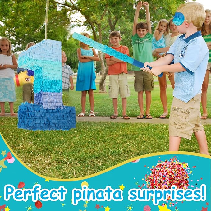 Sratte Number 1 2 3 4 5 6 7 8 9 Piñata with Stick Blindfold Confetti, Gradient Blue Piñata for Kids Boys Girls Birthday Party Anniversary Decorations Supplies(Number 1)