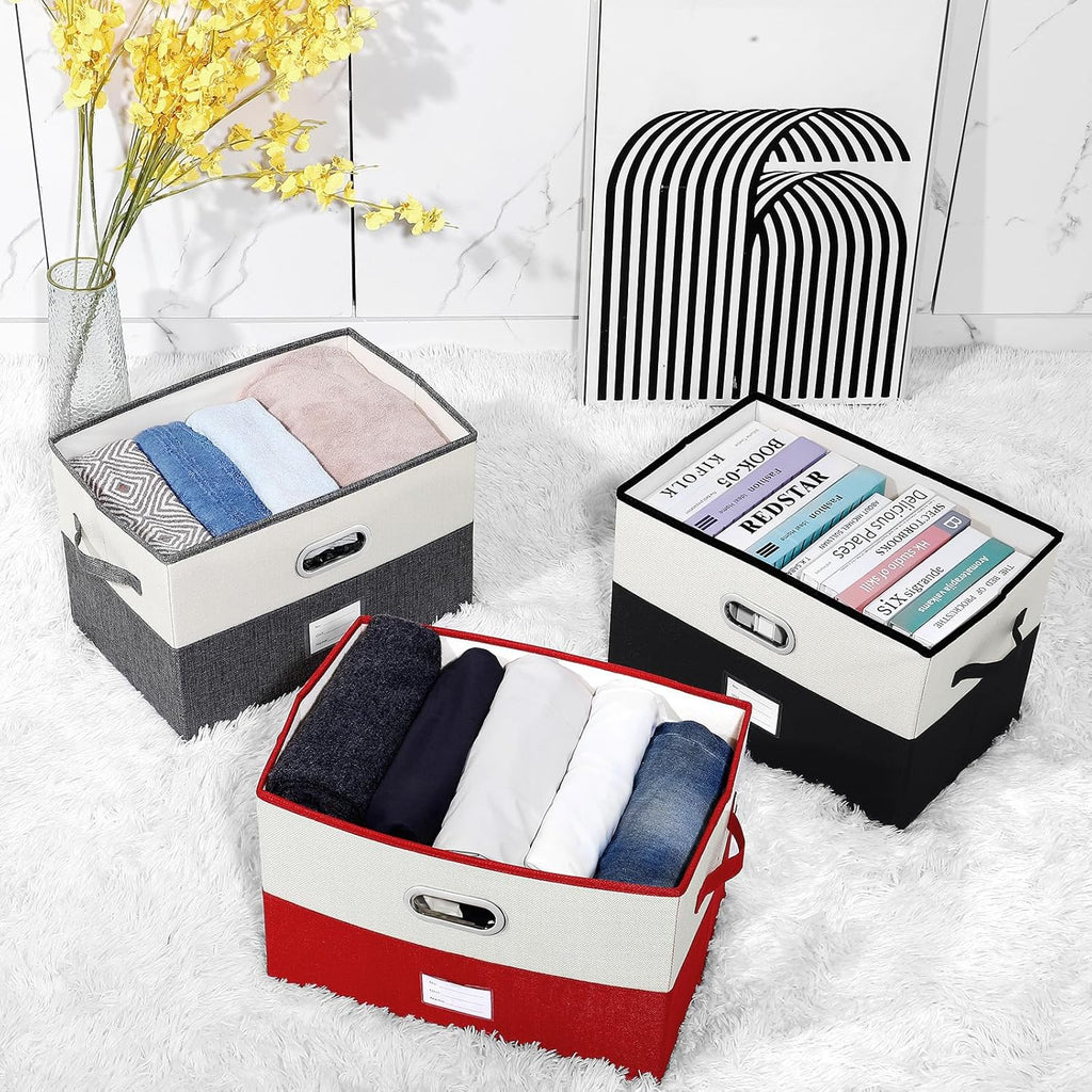 Large Linen Fabric Foldable Storage Bins with Removable Lid and Handles, Washable Storage Box Organizer Containers Baskets Cube with Cover for Bedroom,Closet,Office,Nursery(Grey&Cream, Large)