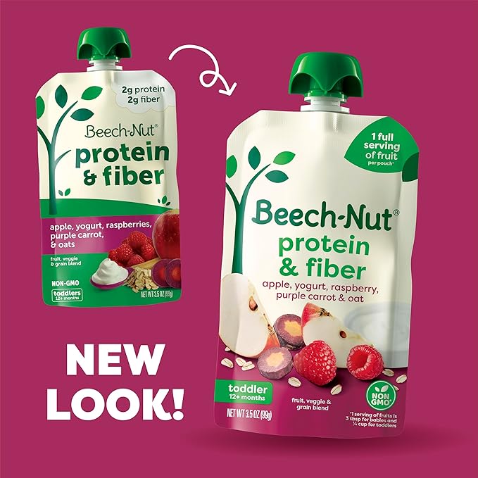 Beech-Nut Baby & Toddler Food Pouches with Protein and Fiber, Apple Yogurt Raspberry Purple Carrot & Oat Puree, 3.5 oz (12 Pack)