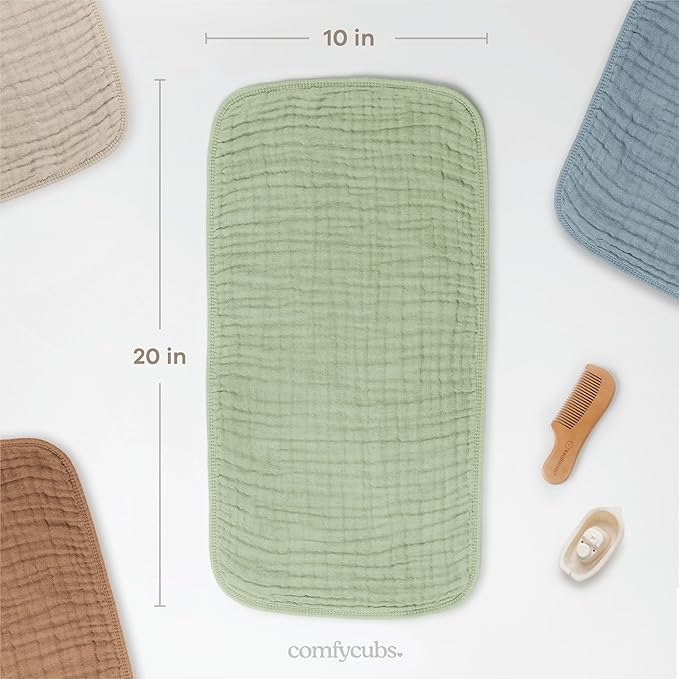 Comfy Cubs Muslin Burp Cloths 20" x 10", Pack of 10 - Large, 6-Layer, Ultra Absorbent 100% Cotton for Baby Drool and Messes - Soft, Safe & Gentle Baby Burp Cloths for Boys & Girls - Sage