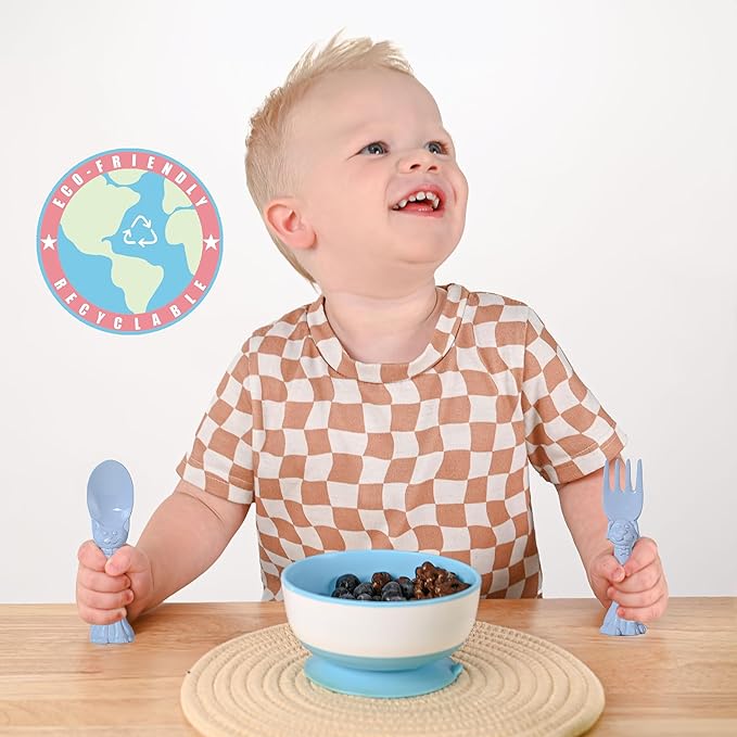 Made in USA Spoon la la Toddler Utensils Set - 6 Pack (3 Spoons & 3 Forks for Kids) - Self-Standing 3D Ergonomic Cat & Dog Handles - BPA-free, Dishwasher Safe, Baby Silverware (Pink, Blue, Yellow)