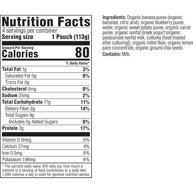 Plum Organics Mighty 4 Organic Toddler Food - Banana, Blueberry, Sweet Potato, Carrot, Greek Yogurt, and Millet - 4 oz Pouch (Pack of 12) - Organic Fruit and Vegetable Toddler Food Pouch