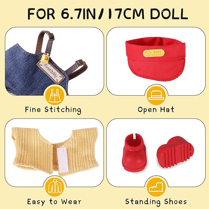 Clothes for 6.7in/17cm Doll, Set of 4 Cute Doll Accessories Includes Doll Hat+T-Shirt+Bib Pants+Shoes Set Premium Fashion Outfit for Collectors Unique Gift (Style F)