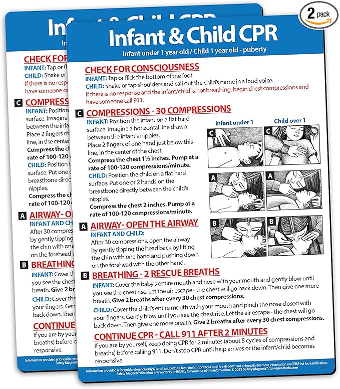 Safety Magnets by ZOCO – Infant and Child CPR Magnet (2-Pack) – 5"x7" Emergency First Aid Guide with Step-by-Step Instructions – CPR Reference for Homes, Daycares, Schools, and Parents