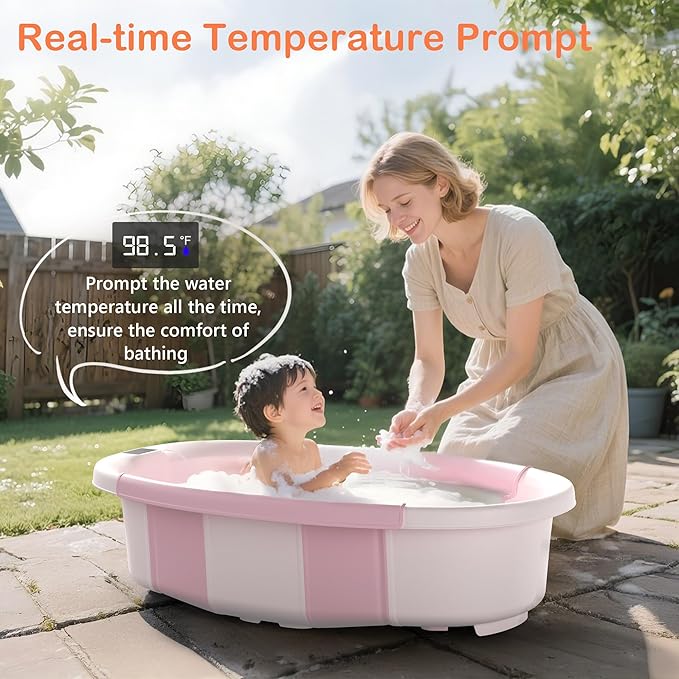 Collapsible Baby Bathtub - Large Baby Bath Tub with Thermometer & Cushion | Travel Portable Newborn Infant Bathtub | Foldable Toddler Bathtub for Baby 0 to 36 Months (Pink)