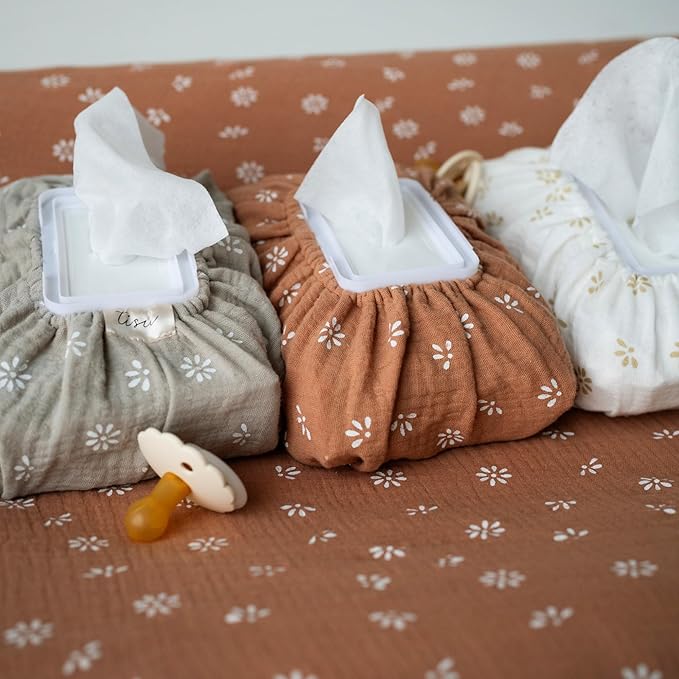 Baby Wipes Cover – Universal Size, One Size Fits All Wipes Packages | Muslin Cotton Tissue Cover for Nursery, Diaper Bag & Changing Table, Station | Gingham & Neutral Patterns (Caramel Daisy)