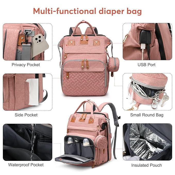 Diaper Bag Backpack with Changing Station, Large Diaper Bag For Boys And Girls, Multifunctional Waterproof Travel Diaper Backpack, Baby Bag with USB Charging Port for Moms Dads,pink