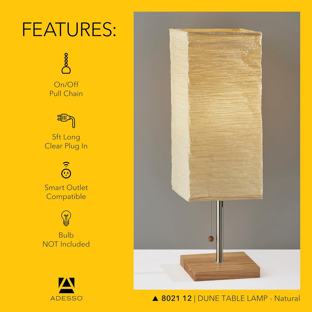 Adesso 8021-12 Dune Table Lamp, 25 in., 100 W Incandescent/ 26W CFL, Natural Rubber Wood/Steel Accents, 1 Table Lamp , White