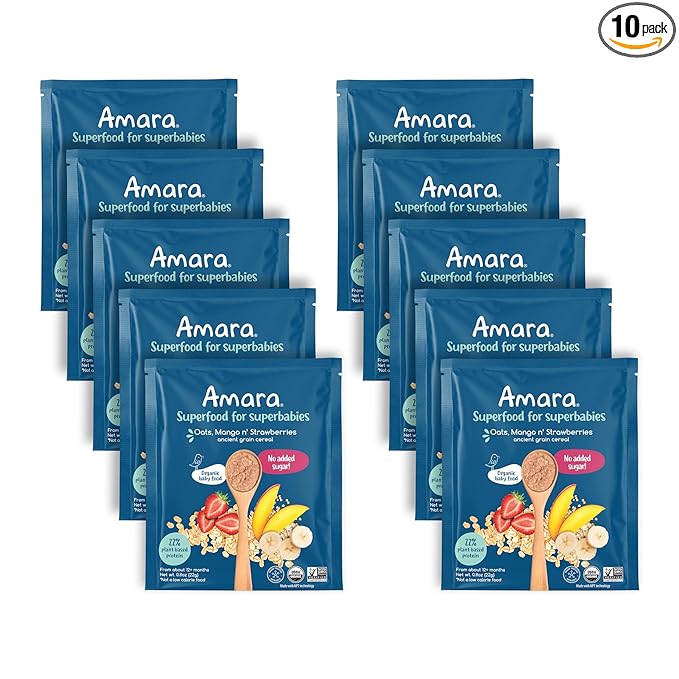 Amara Organic Baby Food - Stage 3 - Ancient Grain - Baby Cereal to Mix With Breastmilk, Water or Baby Formula - Shelf Stable Baby Food Pouches Made from Organic Fruit and Veggies - 10 Pouches, 3.9oz Per Serving