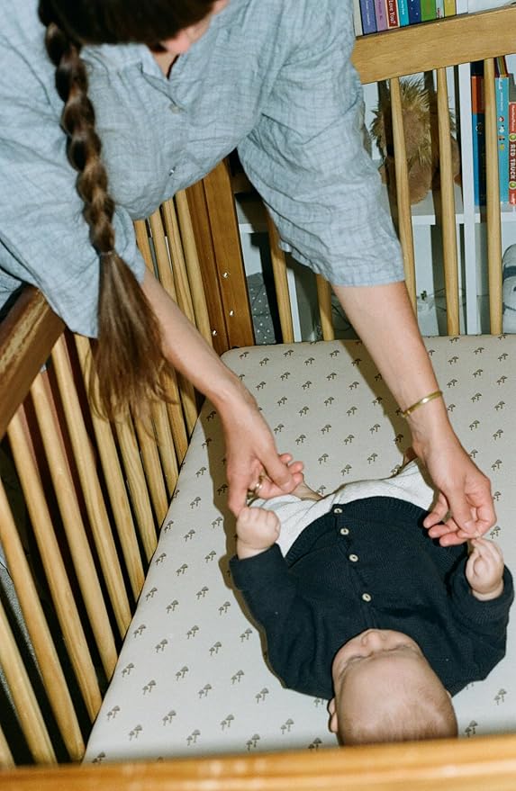 Oilo Crib Sheet, Breathable, Fitted, Organic Cotton Jersey, 300-Thread, Machine Wash, Fits Standard Crib (28" x 52" x 6"), Toddler Bedding, Heirloom Organic Collection, Mushroom