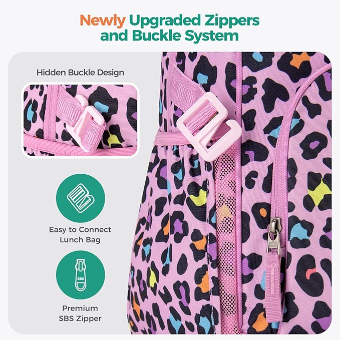 Choco Mocha Cheetah Backpack for Girls, Elementary School Backpack for Girls Ages 6-8 Kids Kindergarten Backpack Large Bookbag 18 Inch with Chest Strap, Pink