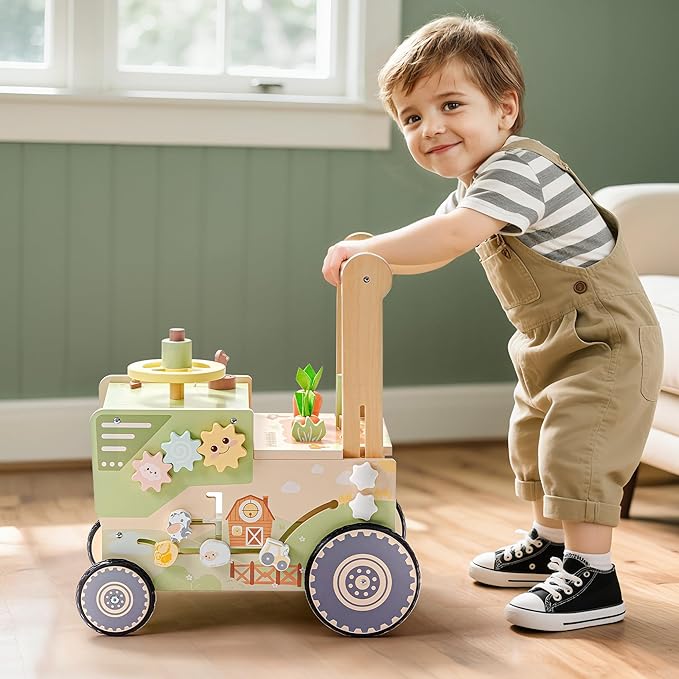 ROBUD Wooden Baby Walker, Baby Push Walker for 10+ Months, Montessori Push Toy, Adjustable Speed & Height Learning Toy with Activity Panel (Rustic Farm Adventure Theme)