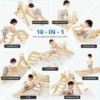 BlueWood 10-in-1 Pikler Triangle Set, Toddler Climbing Toys Indoor, Montessori Climber, Baby Jungle Gyms with Arch, Extra Rope Ladder & Footprint Balance Beam - Natural Rustic