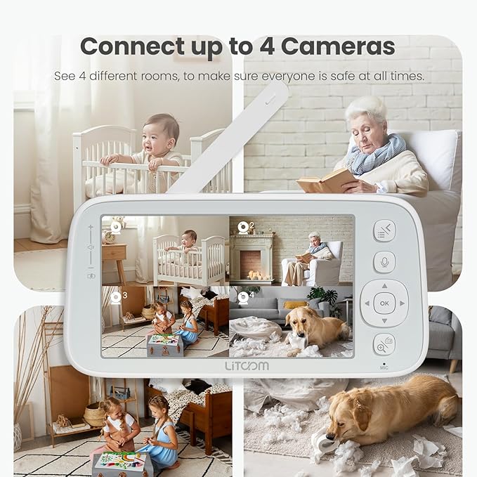 litokam 4MP Baby Monitor with 2 Cameras and Audio, 5-inch 1080P Split-Screen, No WiFi & 5G/2.4G WiFi, Remote Pan-Tilt-Zoom, Night Vision, VOX, Temperature Sensor, 2-Way Talk, 7 Lullabies, 1000ft Range