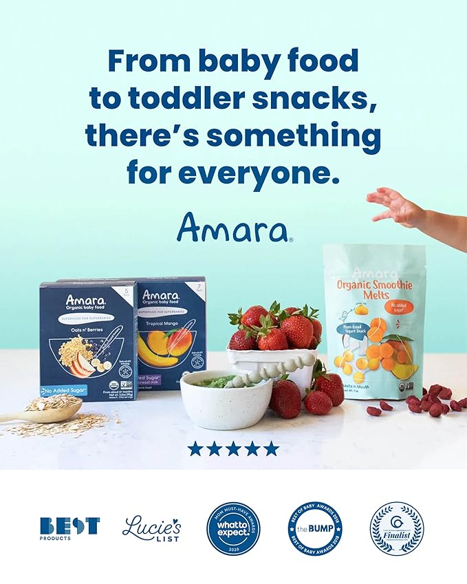 Amara Organic Baby Food - Stage 2 - Oats & Berries - Baby Cereal to Mix With Breastmilk & Water - Shelf Stable Baby Food Pouches Made from Organic Fruit and Veggies - 5 Pouches, 3.5oz Per Serving