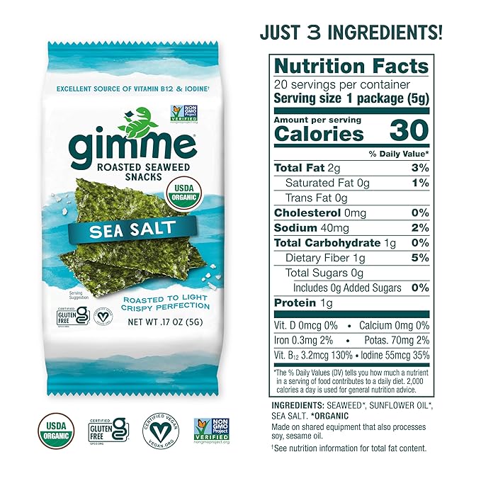 Gimme Seaweed Organic Premium Roasted Seaweed Snacks, Sea Salt, 40 Count, Keto, Vegan, Gluten-Free, Great Source of Omega3s and Iodine, Healthy On-The-Go Snack for Kids and Adults