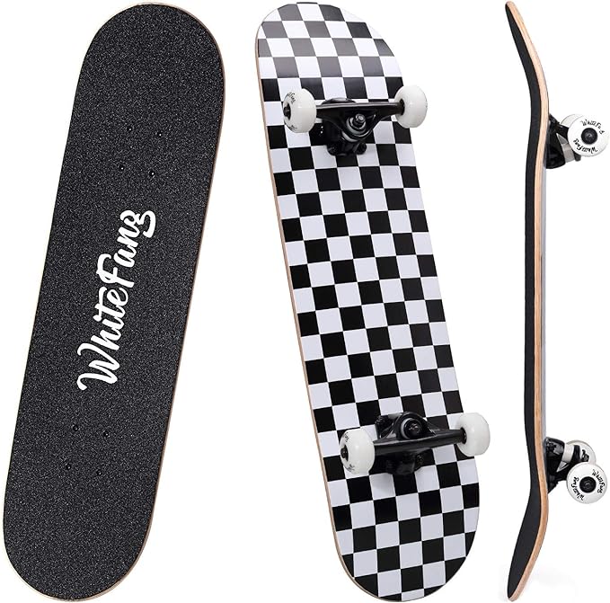 WhiteFang Skateboards for Beginners, Complete Skateboard 31 x 7.88, 7 Layer Canadian Maple Double Kick Concave Standard and Tricks Skateboards for Kids and Beginners