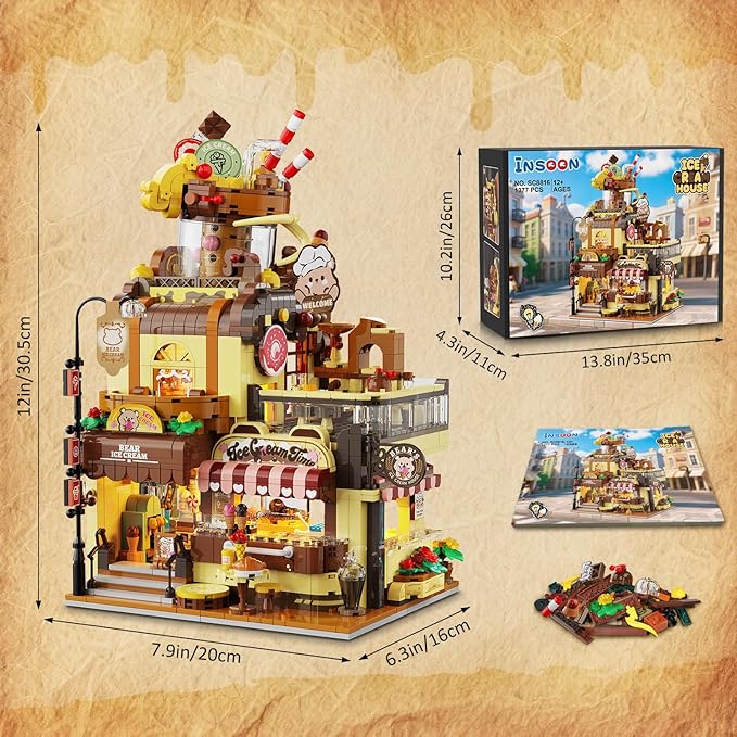 City Ice Cream House Building Set with Lights, 1377 PCS Dessert Shop Building Block Toy with Chocolate Sundae Cone, Sweet Workshop Construction Model for Adults Teens Kids Boys Girls Ages 12+