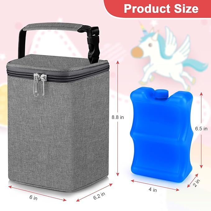 Accmor Breastmilk Cooler Bag with Ice Pack, Baby Bottle Cooler Bags, Insulated Tote Bags On The Go, Fits 4 Large 8oz Bottles, for Nursing Mom Daycare Travel, Grey