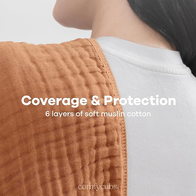 Comfy Cubs Muslin Burp Cloths 20" x 10", Pack of 10 - Large, 6-Layer, Ultra Absorbent 100% Cotton for Baby Drool and Messes - Soft, Safe & Gentle Baby Burp Cloths for Boys & Girls - Caramel