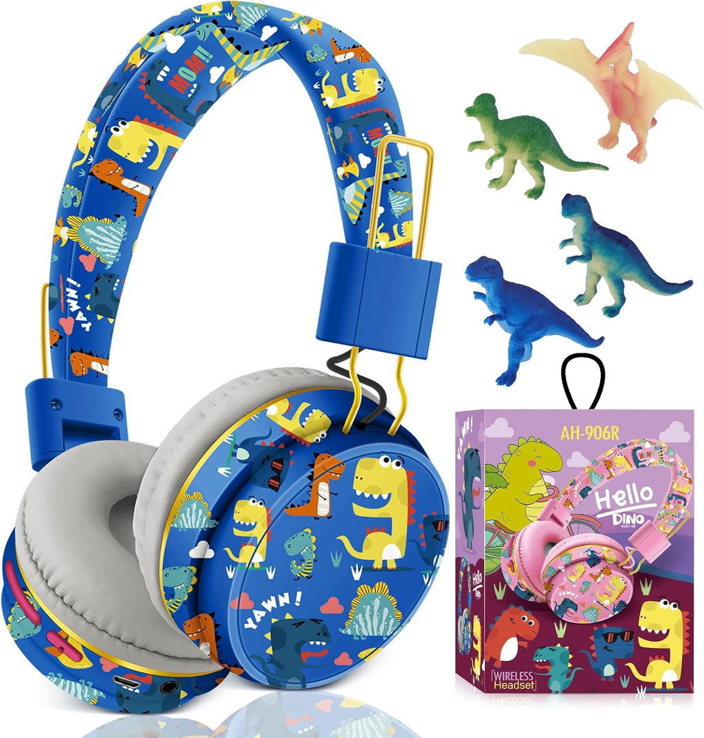 QearFun Dinosaur Bluetooth Headphones for Boys - with Microphone & 3.5mm Jack, Adjustable Headband for Kids Teens Toddlers, School iPad Tablet PC Smartphones Compatible (Blue)