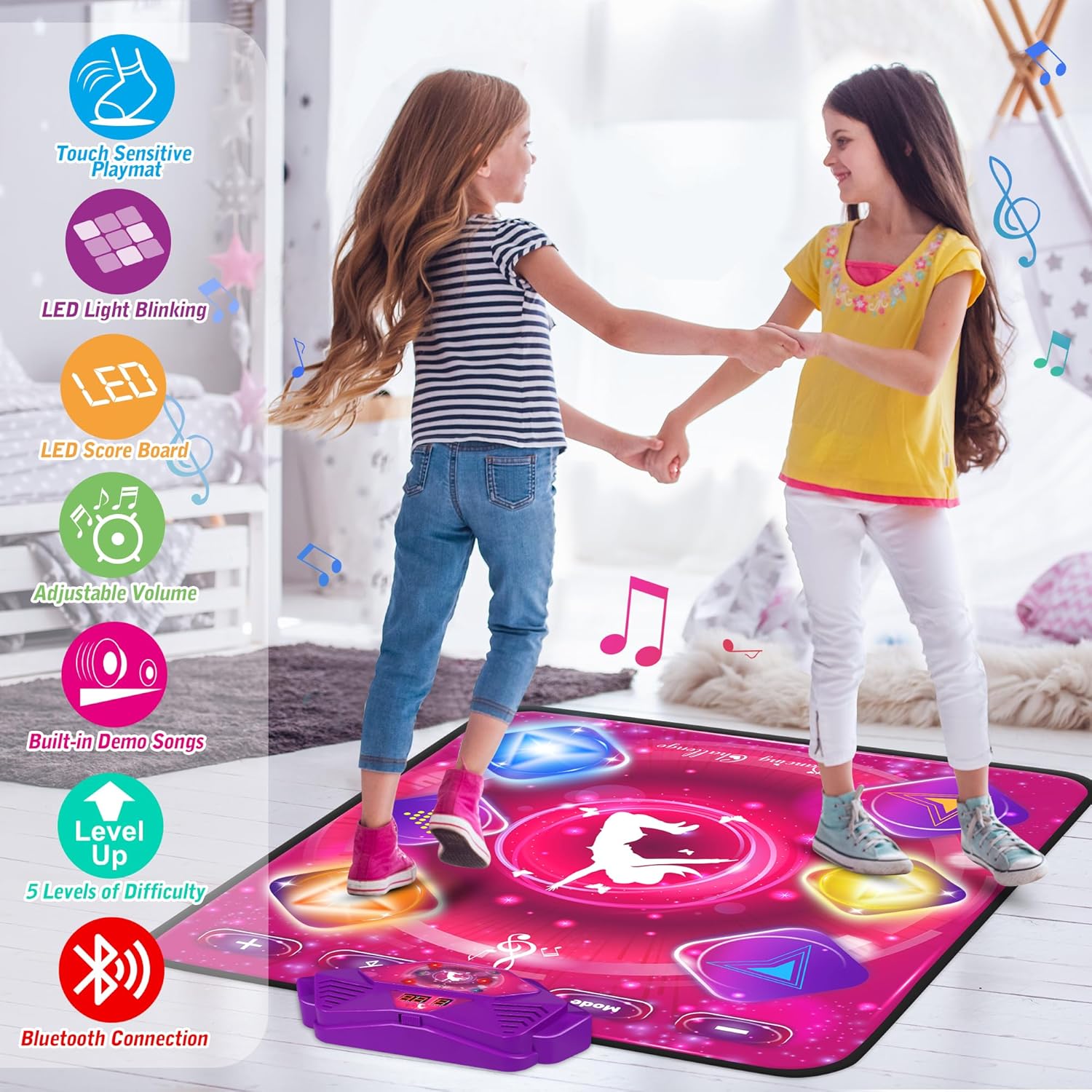 Dance Mat for Kids, Electronic Dance Pad with Wireless Bluetooth & LED Lights, Adjustable Volume, Built-in Music, 5 Game Modes, Xmas B-Day Gifts for 3+ Years Old Girls Toys (Bluetooth Type-Purple)