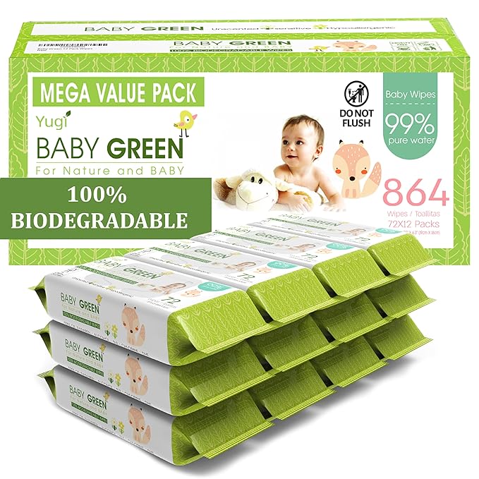 Yugi Green Baby Wipes for Babies Unscented, Compostable, Biodegradable, Plant-Based, Fragrance-Free, for Sensitive Skin, 12 Packs,72 Count,864 wipes