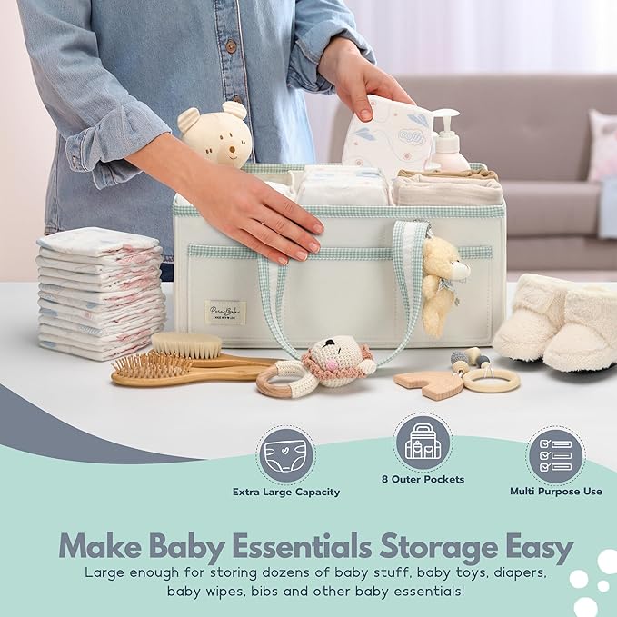 PeraBella Diaper Caddy Organizer with Handle, Baby Shower Gifts Basket Bag, Registry Search Must Haves Items, Nursery Storage Organizer for Newborn Girl Boy, Baby Bag Essentials, Car Diaper Caddy Cart