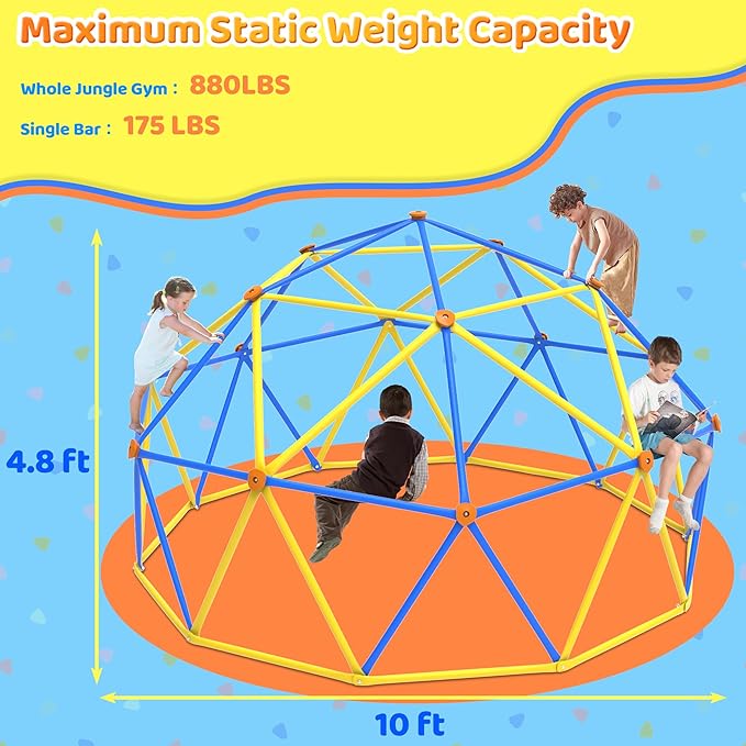 Gardenature 10FT Climbing Dome, Outdoor Jungle Gym for Kids, Geometric Dome Climber Supporting 880 Lbs Anti-Rust Metal Outdoor Play Structure ASTM Approved Blue & Yellow