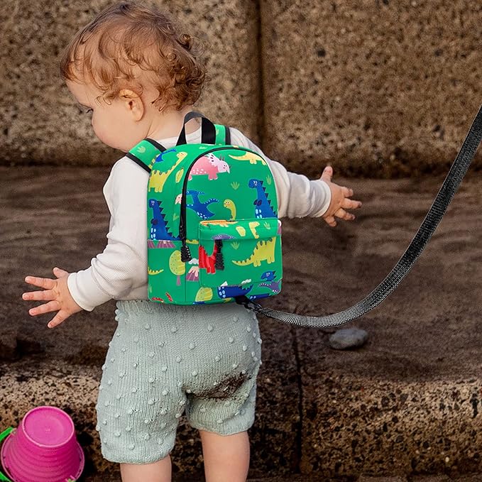 Accmor Toddler Backpack Leash with Anti Lost Wrist Link, Cute Mini Child Walking Harnesses Keep Kids Close Back Pack Rope Tether Rein for Baby Boys (Green/Dino)