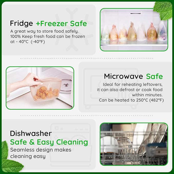 Premium Platinum Silicone Reusable Food Storage Bag 10.6 Cup (84 fl oz), Airtight Zip Lock Bags for Food, BPA-Free Silicone Freezer Bags, Microwave Safe Sous Vide Container, White