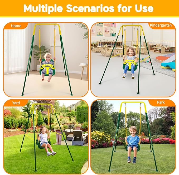 4 in 1 Toddler Swing Set & Baby Jumper, Heavy Duty Kids Swing with Bouncer, Foldable Metal Stand for Indoor & Outdoor, Easy Install & Store (Dark Green)
