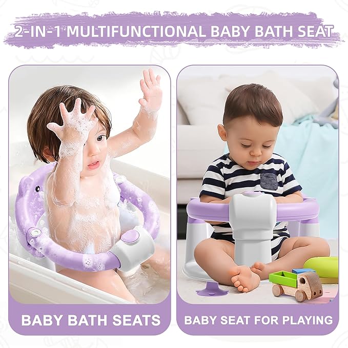 Baby Bath Seat for Babies 6 Months & Up, Toddler Bath Seats for Babies Sitting Up, Non-Slip Infant Bath Tub Chair with 4 Suction Cups & Soft Cushion for Shower, Compact Toddler Bathtub Seat, Purple